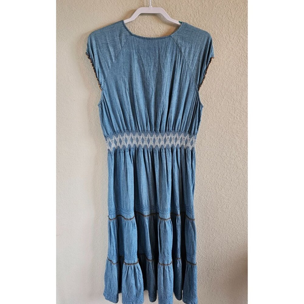 Lapis Woman Size M Tiered Smocked Chambray Maxi Dress Bohemian Western Peasant - Picture 2 of 7